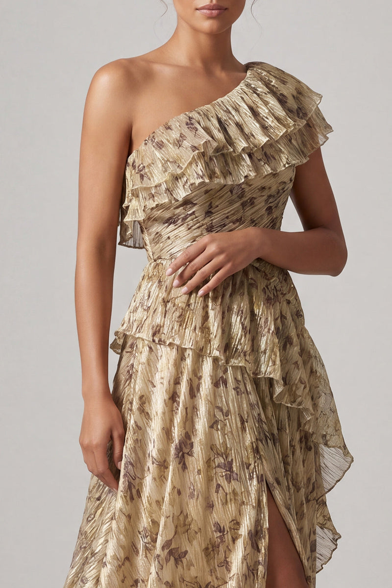 Load image into Gallery viewer, Champagne Long Floral A Line Ruffled Mother of the Bride Dress with Slit