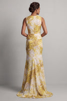 Load image into Gallery viewer, Floral Mermaid Long Butter Yellow Printed Mother of the Bride Dress with Sash