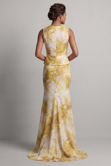 Floral Mermaid Long Butter Yellow Printed Mother of the Bride Dress with Sash