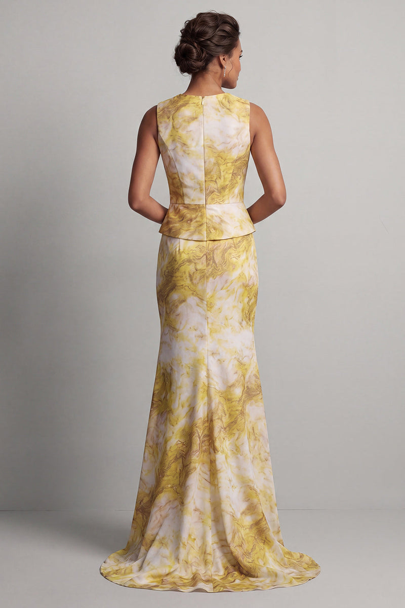 Load image into Gallery viewer, Floral Mermaid Long Butter Yellow Printed Mother of the Bride Dress with Sash