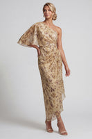 Load image into Gallery viewer, Champagne Sheath Long Floral Ruched Mother of the Bride Dress with Side Cape