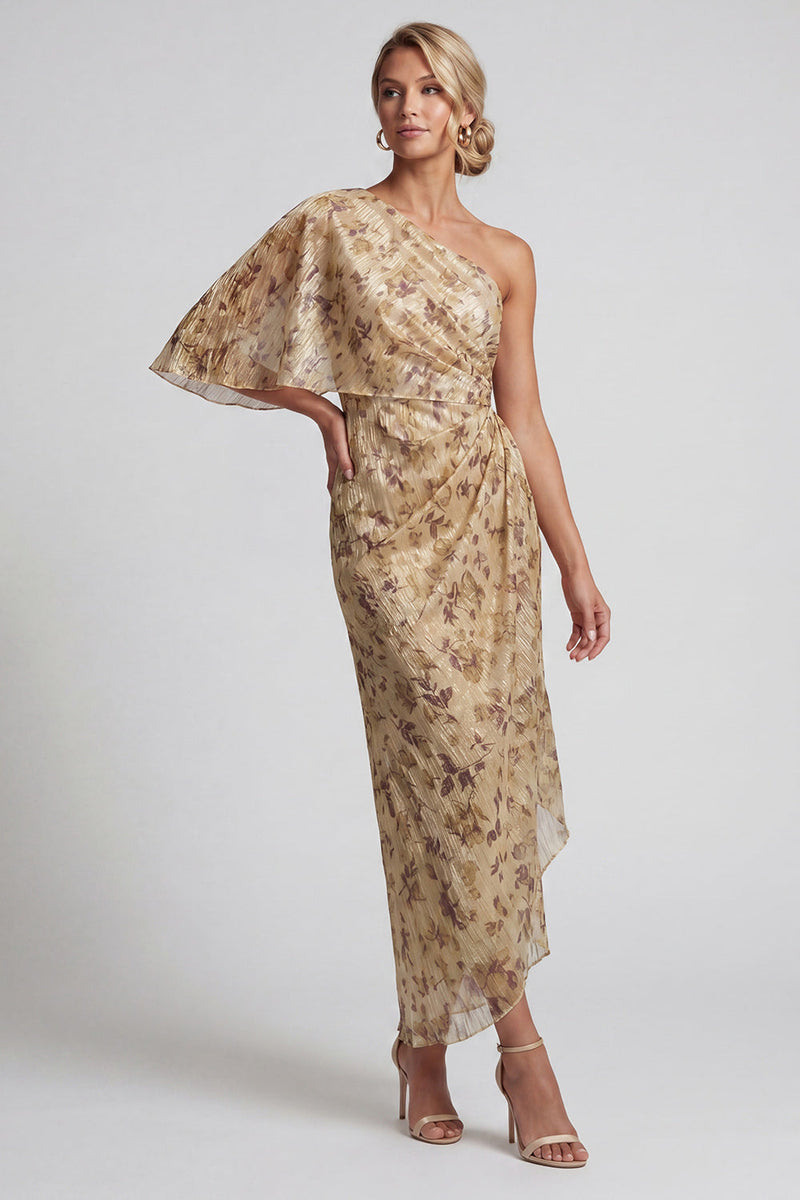 Load image into Gallery viewer, Champagne Sheath Long Floral Ruched Mother of the Bride Dress with Side Cape