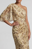 Load image into Gallery viewer, Champagne Sheath Long Floral Ruched Mother of the Bride Dress with Side Cape