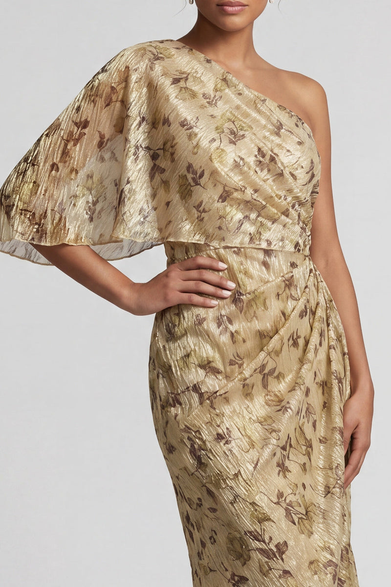 Load image into Gallery viewer, Champagne Sheath Long Floral Ruched Mother of the Bride Dress with Side Cape