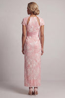 Load image into Gallery viewer, Sparkly Long Sheath Short Sleeves Blush Keyhole Beaded Mother of the Bride Dress