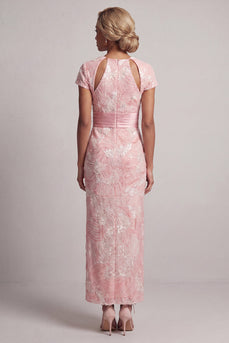 Sparkly Long Sheath Short Sleeves Blush Keyhole Beaded Mother of the Bride Dress