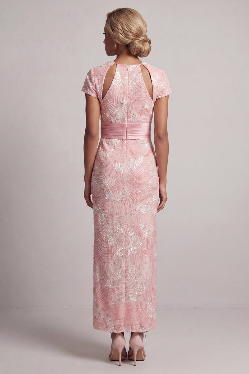 Load image into Gallery viewer, Sparkly Long Sheath Short Sleeves Blush Keyhole Beaded Mother of the Bride Dress