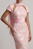 Load image into Gallery viewer, Sparkly Long Sheath Short Sleeves Blush Keyhole Beaded Mother of the Bride Dress
