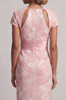 Load image into Gallery viewer, Sparkly Long Sheath Short Sleeves Blush Keyhole Beaded Mother of the Bride Dress