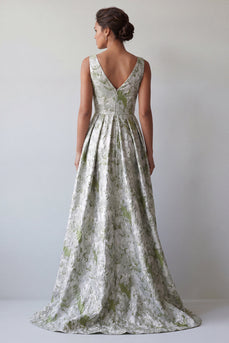 A Line Light Green Floral Ruched Long Mother of the Bride Dress with Pockets
