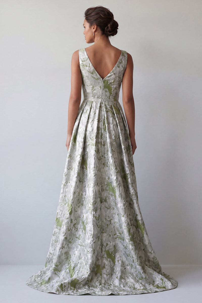 Load image into Gallery viewer, A Line Light Green Floral Ruched Long Mother of the Bride Dress with Pockets