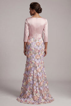 Floral Boat Neck Blush Long Mermaid Mother of the Bride Dress with Pockets