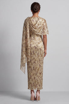 Floral Champagne Beaded Sheath Long Mother of the Bride Dress with Cape