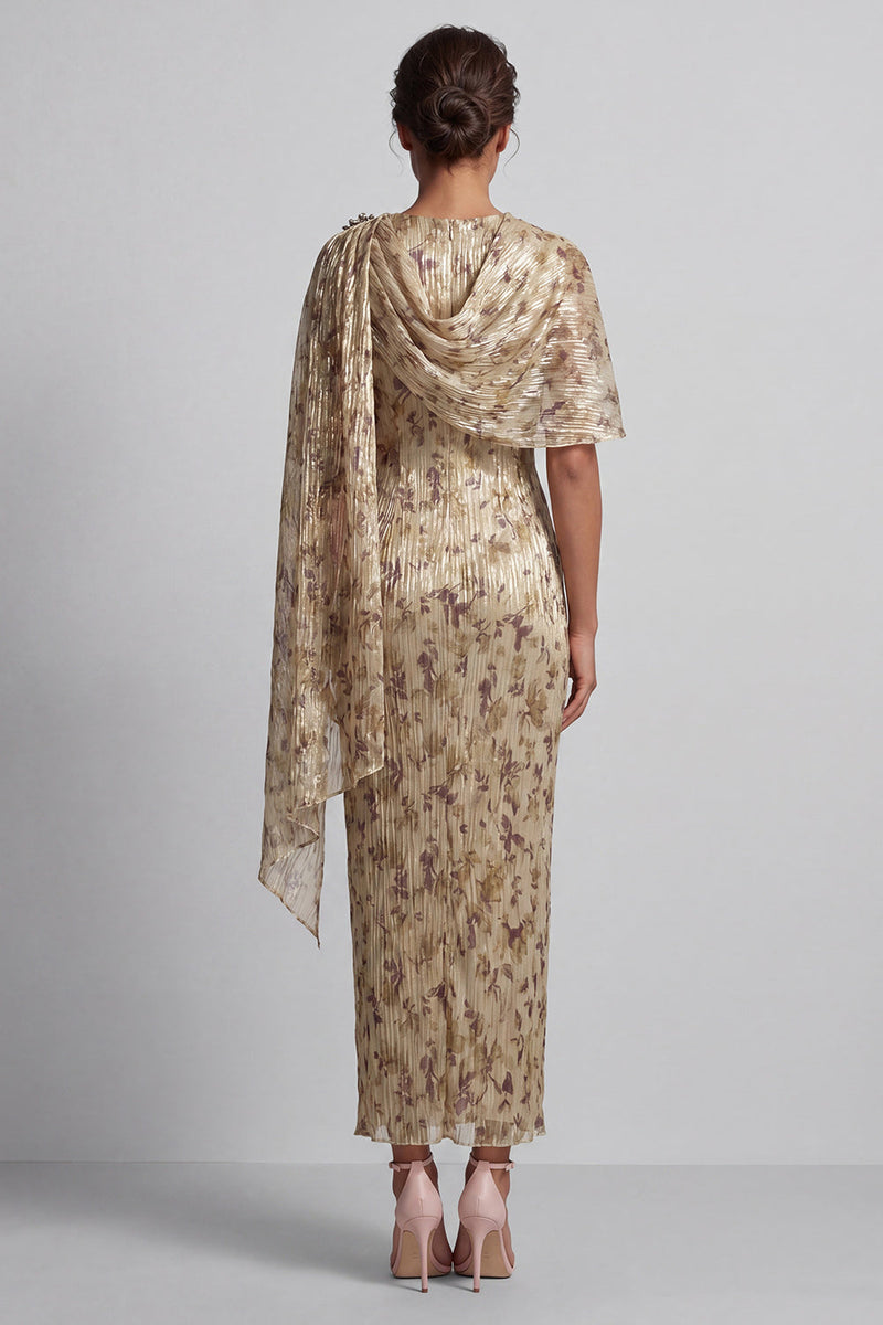 Load image into Gallery viewer, Floral Champagne Beaded Sheath Long Mother of the Bride Dress with Cape