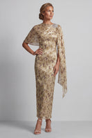 Load image into Gallery viewer, Floral Champagne Beaded Sheath Long Mother of the Bride Dress with Cape