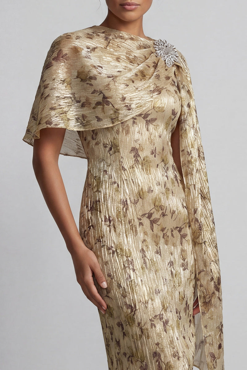 Load image into Gallery viewer, Floral Champagne Beaded Sheath Long Mother of the Bride Dress with Cape