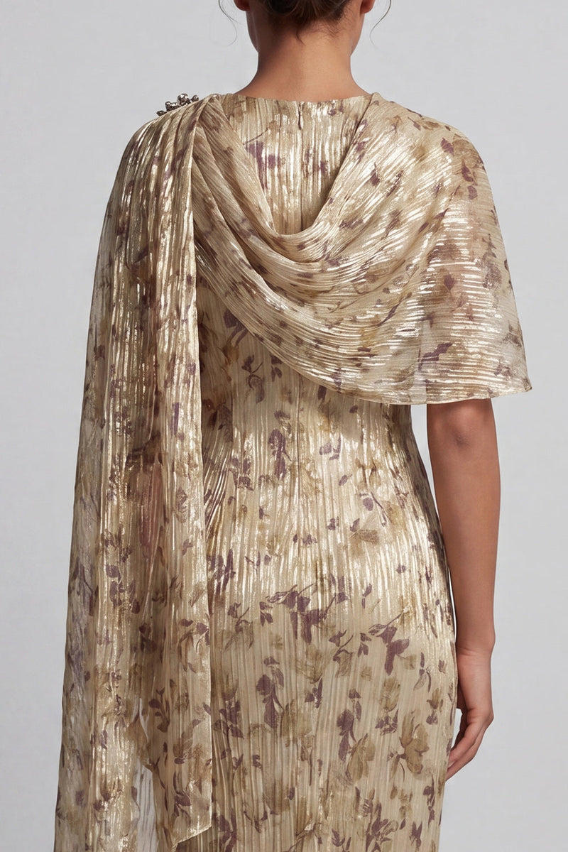 Load image into Gallery viewer, Floral Champagne Beaded Sheath Long Mother of the Bride Dress with Cape