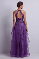 Load image into Gallery viewer, Floral Halter Dark Purple Long A Line Mother of the Bride Dress with Ruffles