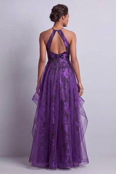 Floral Halter Dark Purple Long A Line Mother of the Bride Dress with Ruffles