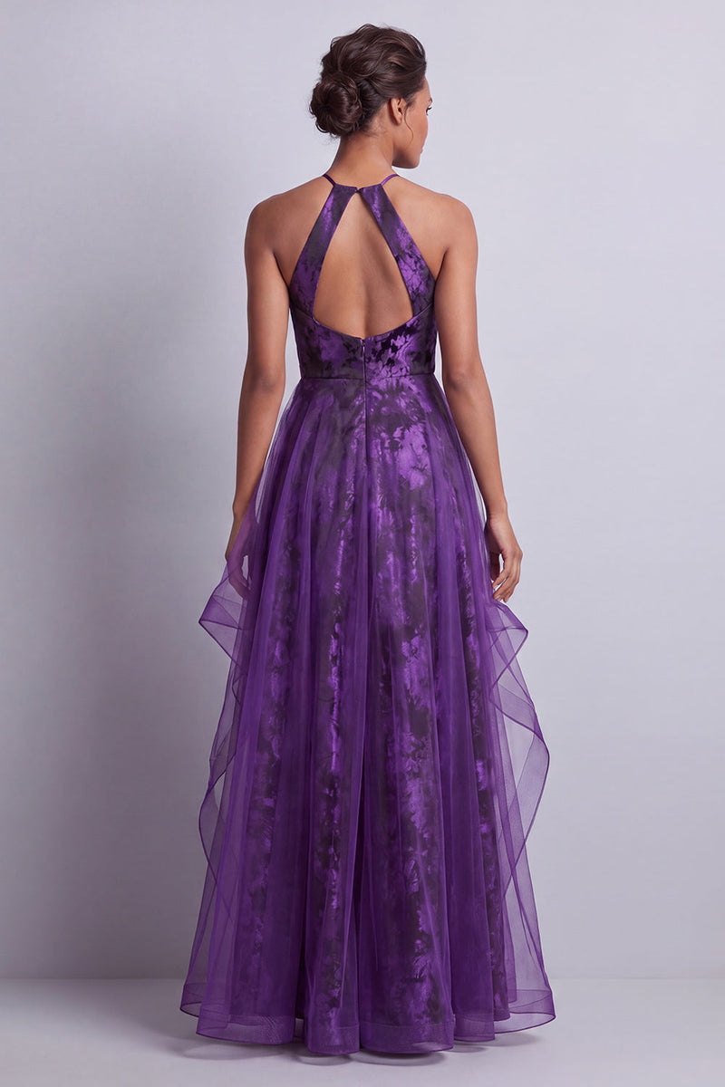 Load image into Gallery viewer, Floral Halter Dark Purple Long A Line Mother of the Bride Dress with Ruffles