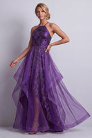 Load image into Gallery viewer, Floral Halter Dark Purple Long A Line Mother of the Bride Dress with Ruffles