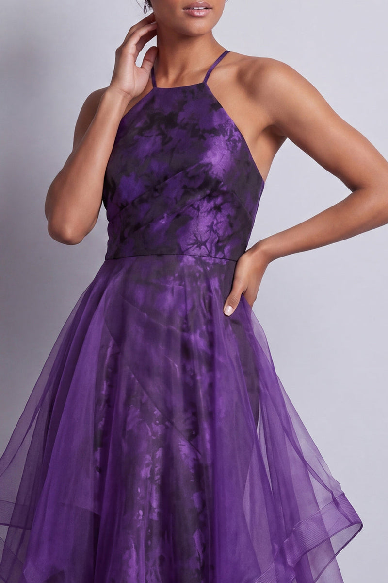 Load image into Gallery viewer, Floral Halter Dark Purple Long A Line Mother of the Bride Dress with Ruffles