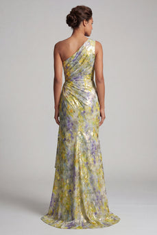 One Shoulder Butter Yellow Mermaid Floral Long Printed Mother of the Bride Dress
