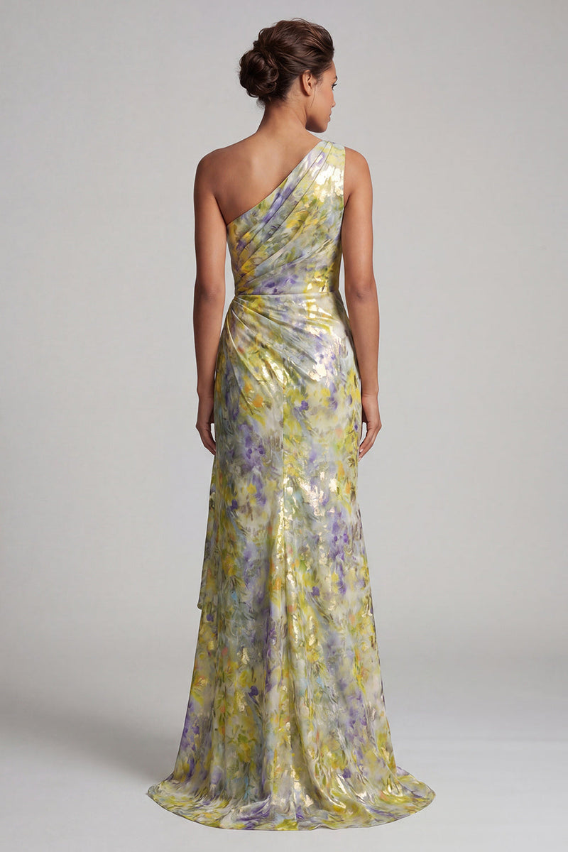 Load image into Gallery viewer, One Shoulder Butter Yellow Mermaid Floral Long Printed Mother of the Bride Dress