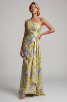 Load image into Gallery viewer, One Shoulder Butter Yellow Mermaid Floral Long Printed Mother of the Bride Dress