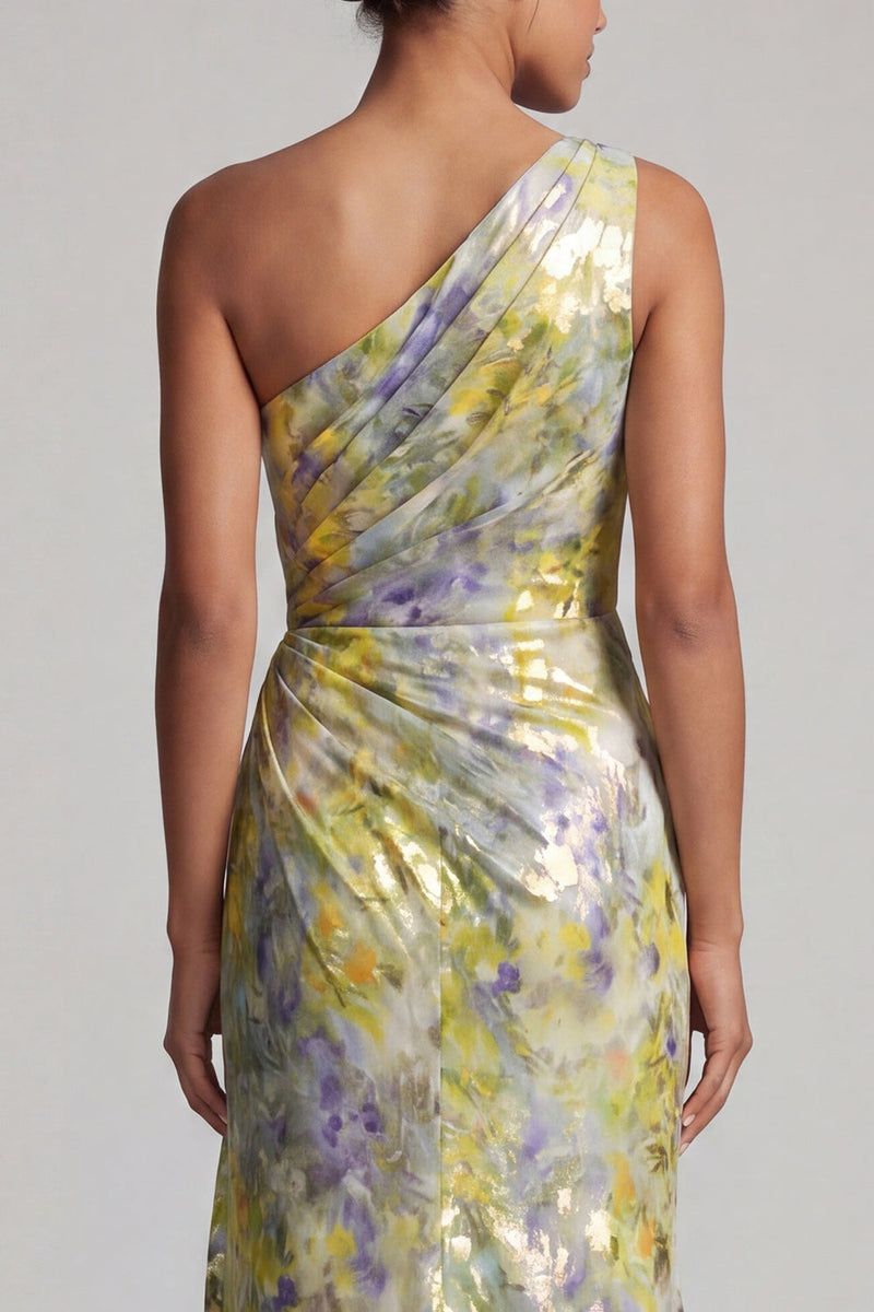 Load image into Gallery viewer, One Shoulder Butter Yellow Mermaid Floral Long Printed Mother of the Bride Dress