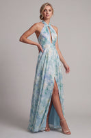 Load image into Gallery viewer, Keyhole Floral A Line Light Green Long Mother of the Bride Dress with Pockets