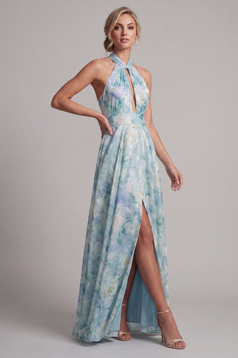 Load image into Gallery viewer, Keyhole Floral A Line Light Green Long Mother of the Bride Dress with Pockets