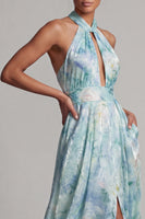 Load image into Gallery viewer, Keyhole Floral A Line Light Green Long Mother of the Bride Dress with Pockets