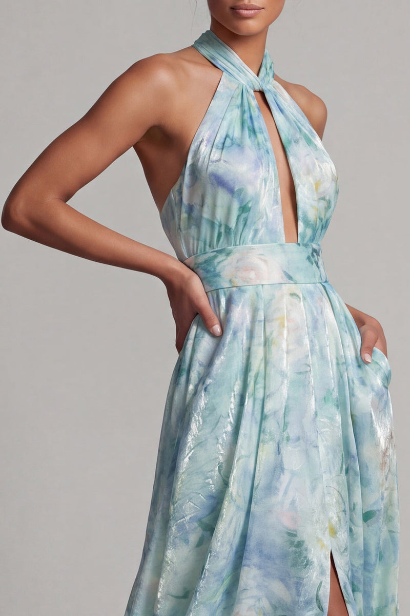 Load image into Gallery viewer, Keyhole Floral A Line Light Green Long Mother of the Bride Dress with Pockets