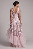 Load image into Gallery viewer, A Line Blush High Low V-Neck Floral Mother of the Bride Dress with Ruffles