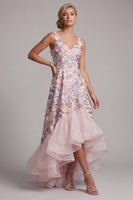 Load image into Gallery viewer, A Line Blush High Low V-Neck Floral Mother of the Bride Dress with Ruffles