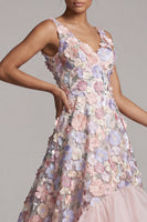 Load image into Gallery viewer, A Line Blush High Low V-Neck Floral Mother of the Bride Dress with Ruffles
