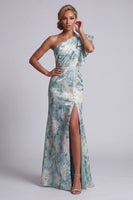 Load image into Gallery viewer, Mermaid Light Green Floral Ruffled Long Mother of the Bride Dress with Slit