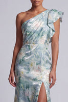 Load image into Gallery viewer, Mermaid Light Green Floral Ruffled Long Mother of the Bride Dress with Slit