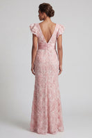 Load image into Gallery viewer, Sparkly Mermaid Ruffled Blush Long Beaded Mother of the Bride Dress with Slit