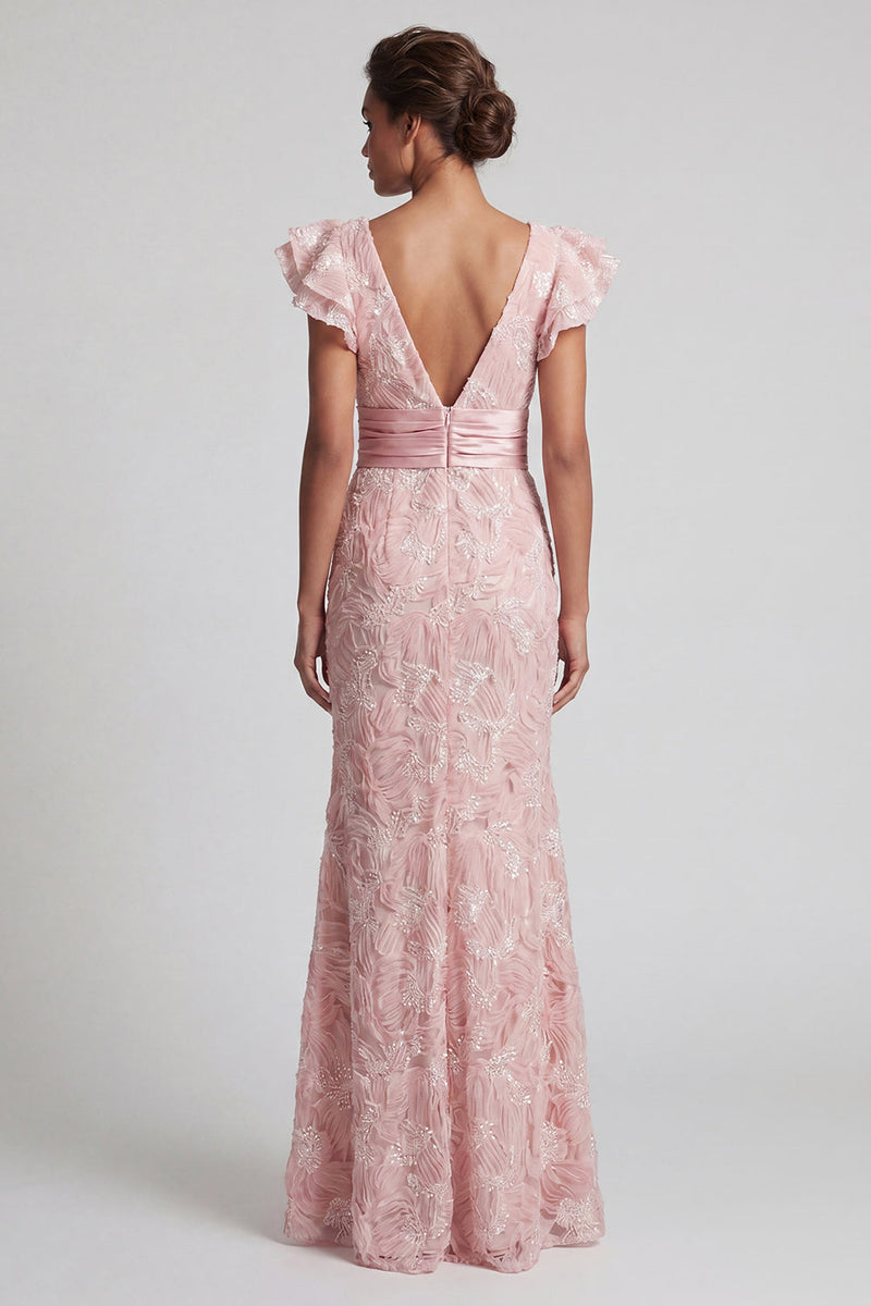 Load image into Gallery viewer, Sparkly Mermaid Ruffled Blush Long Beaded Mother of the Bride Dress with Slit