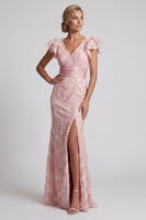 Load image into Gallery viewer, Sparkly Mermaid Ruffled Blush Long Beaded Mother of the Bride Dress with Slit