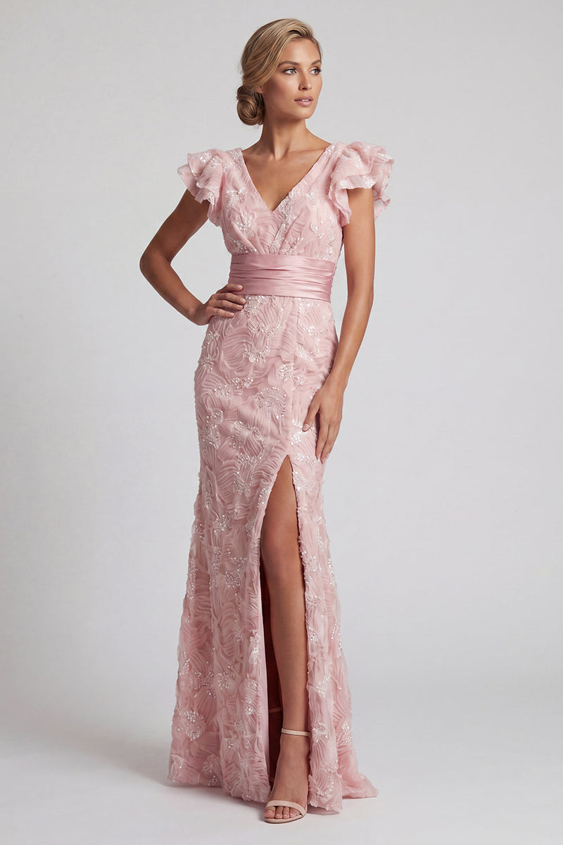 Load image into Gallery viewer, Sparkly Mermaid Ruffled Blush Long Beaded Mother of the Bride Dress with Slit