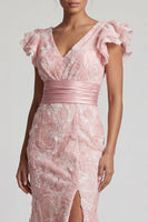 Load image into Gallery viewer, Sparkly Mermaid Ruffled Blush Long Beaded Mother of the Bride Dress with Slit