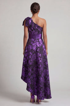 Dark Purple Asymmetrical Floral A Line Mother of the Bride Dress with Bow