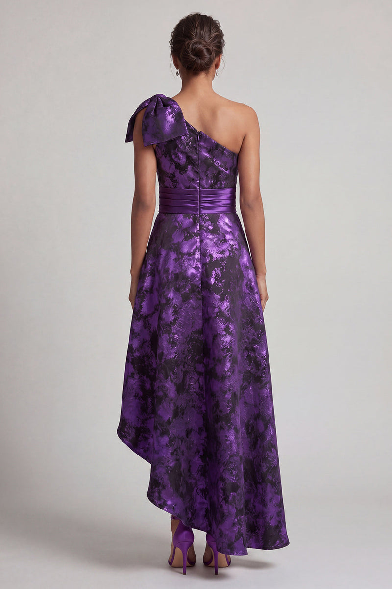 Load image into Gallery viewer, Dark Purple Asymmetrical Floral A Line Mother of the Bride Dress with Bow