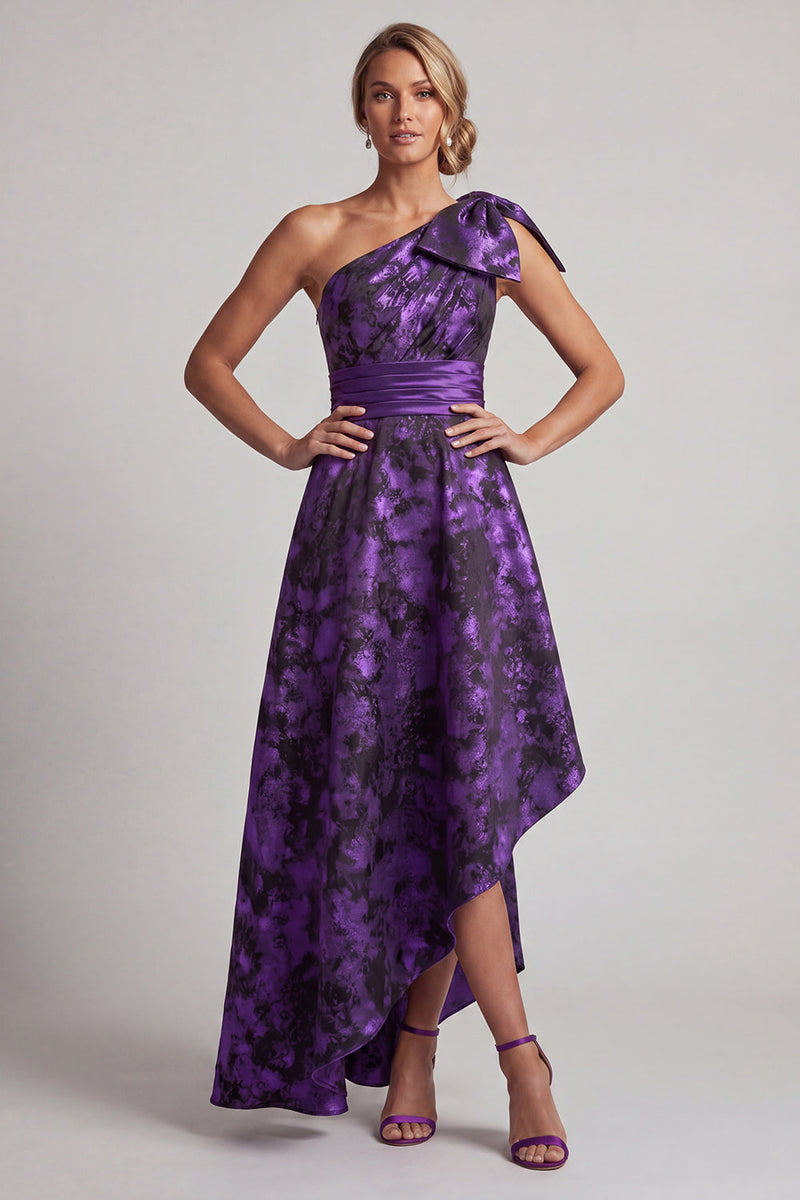 Load image into Gallery viewer, Dark Purple Asymmetrical Floral A Line Mother of the Bride Dress with Bow