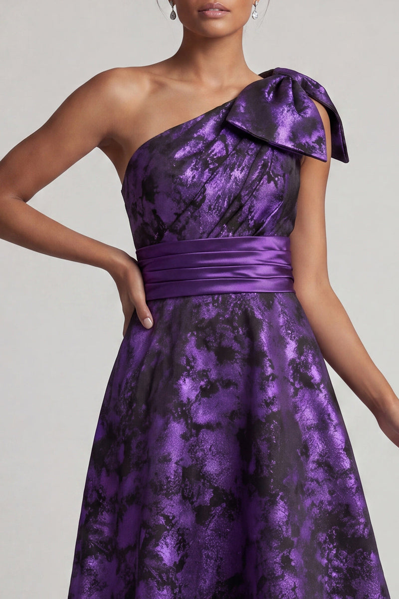Load image into Gallery viewer, Dark Purple Asymmetrical Floral A Line Mother of the Bride Dress with Bow