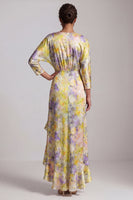 Load image into Gallery viewer, Printed Asymmetrical Floral Butter Yellow Mother of the Bride Dress with Ruffles