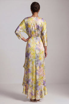 Printed Asymmetrical Floral Butter Yellow Mother of the Bride Dress with Ruffles
